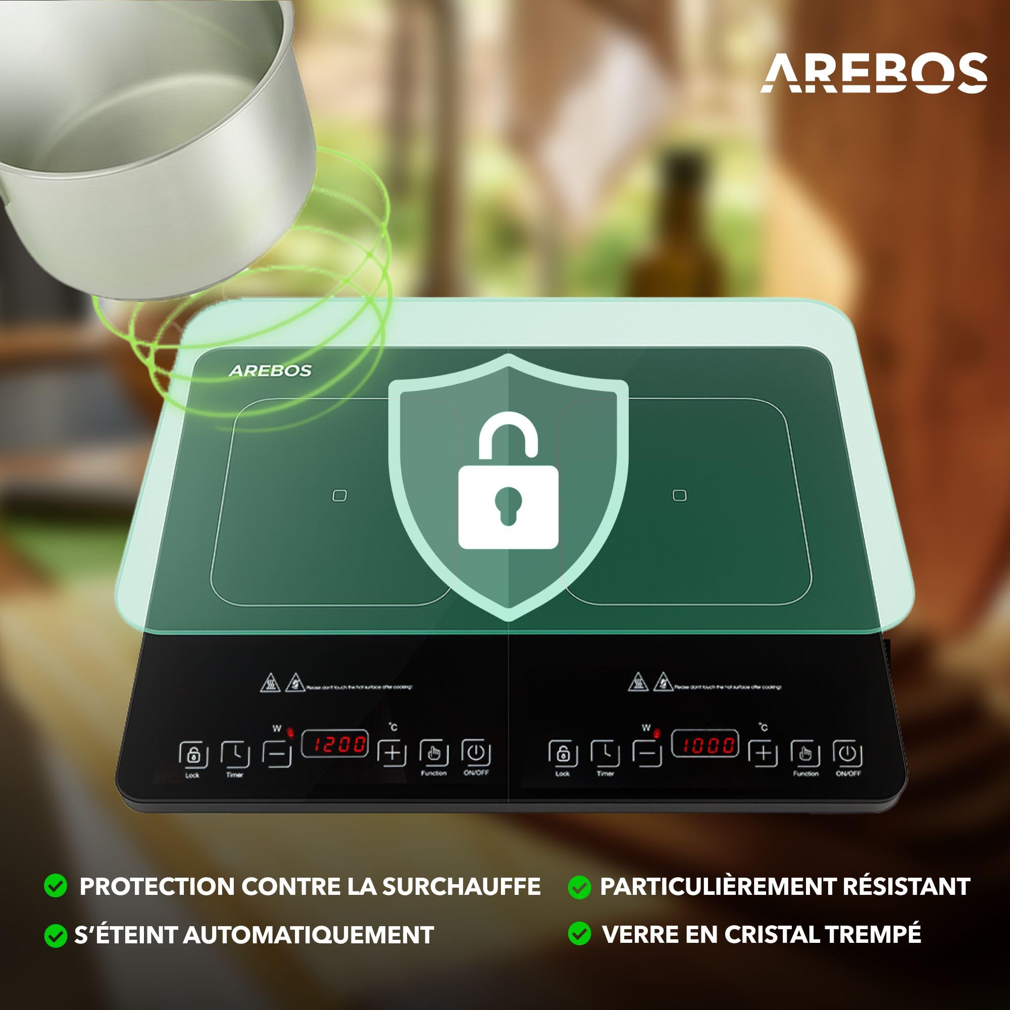 Arebos Double plaque à induction 3500W | 2 zones de cuisson avec écran tactile & minuterie | Plaque à induction portable pour le camping, le plein air & la cuisine | Protection contre la surchauffe