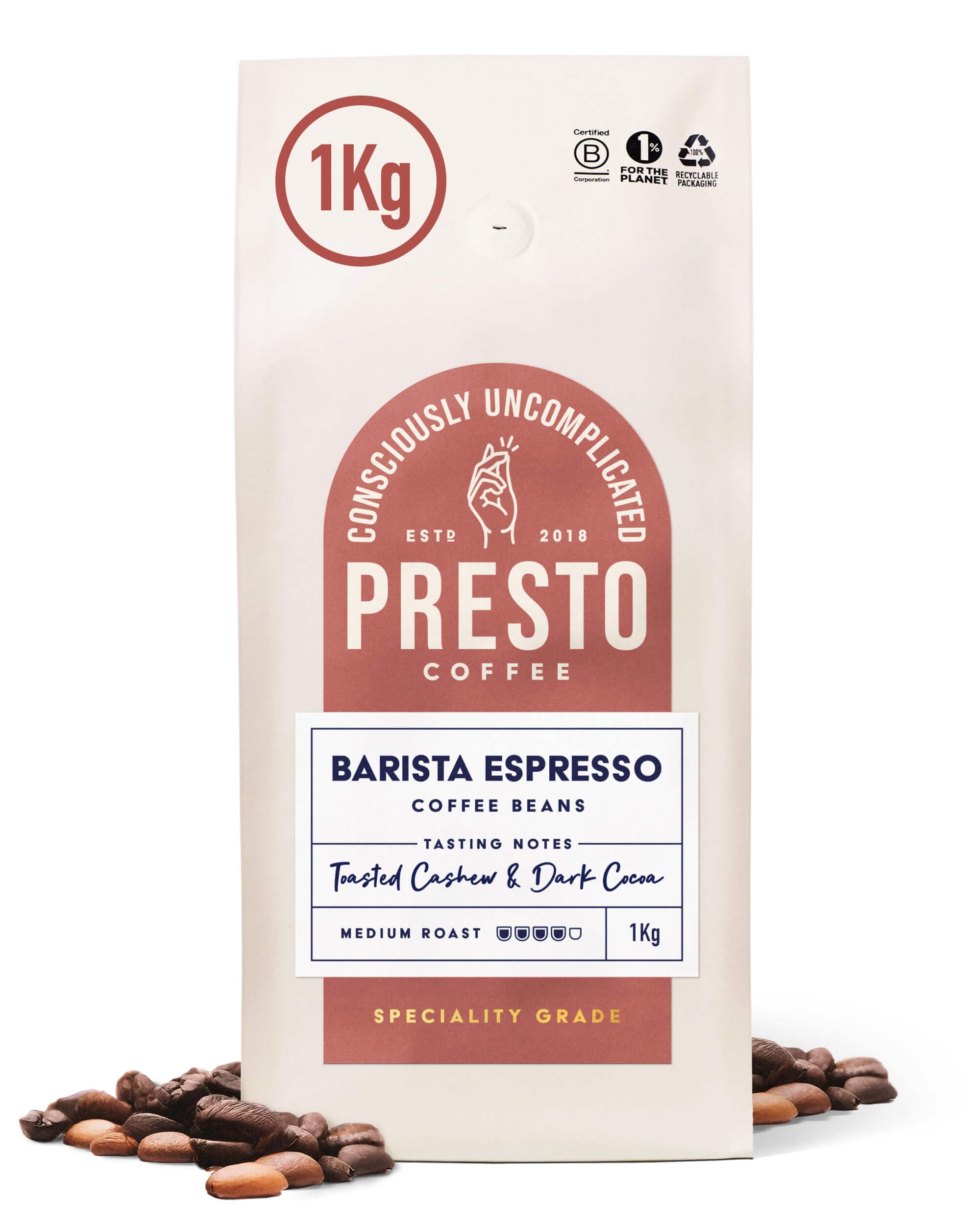 Presto Coffee | Velvety Smooth Speciality Coffee Beans 1kg | Dark Roast | Chocolate & Almond Notes | Rainforest Alliance Certified 50/50 Blend | Perfect for Bean-to-Cup Coffee MachinesRainforest AllianceRainforest AllianceRainforest AllianceRainforest Alliance