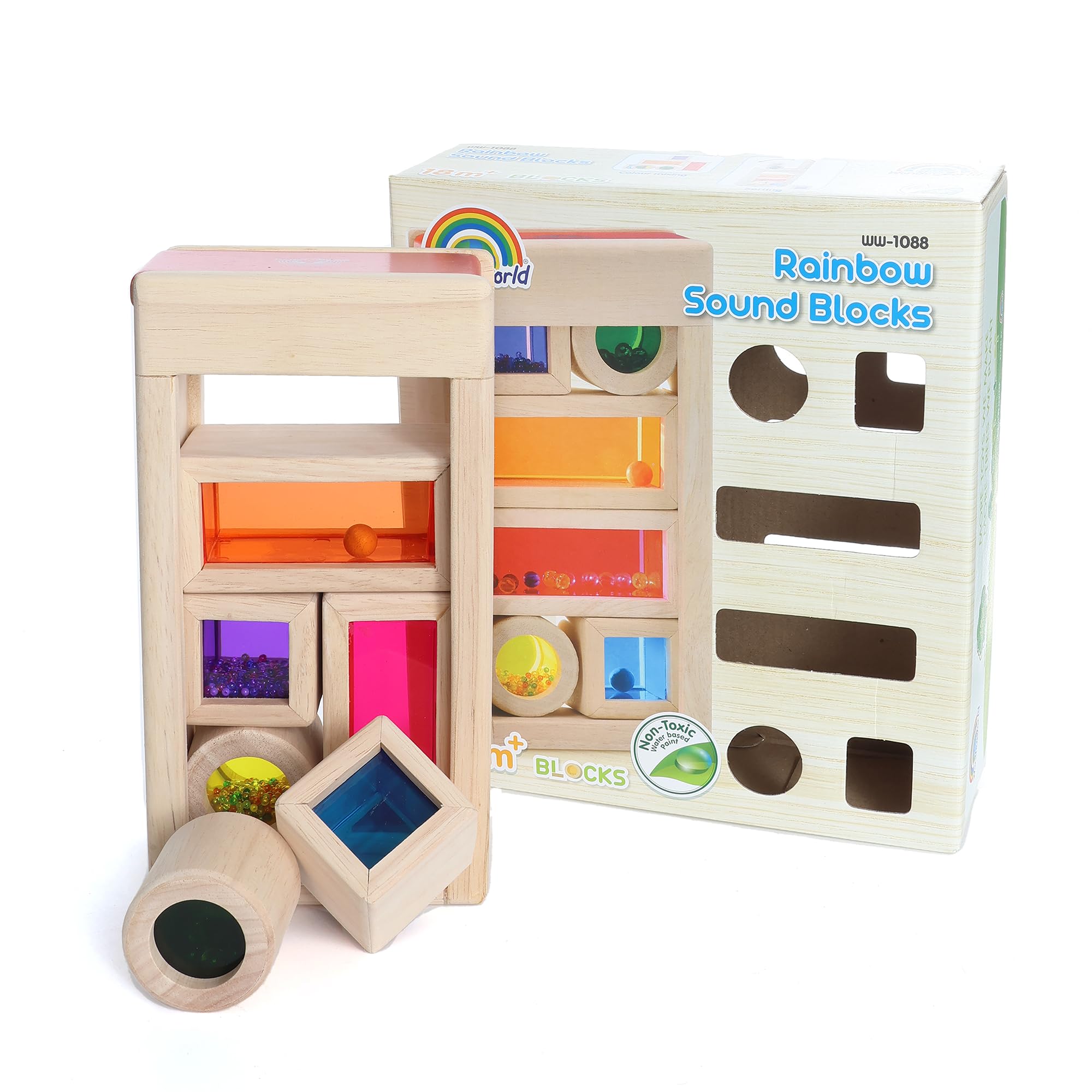 LOVETRENDS Wooden Rainbow Acrylic Building Blocks - Set of 6 Assorted Colourful Wooden Sound-Making Shapes - Childs Sensory Play Activity Playschool Montessori Toy