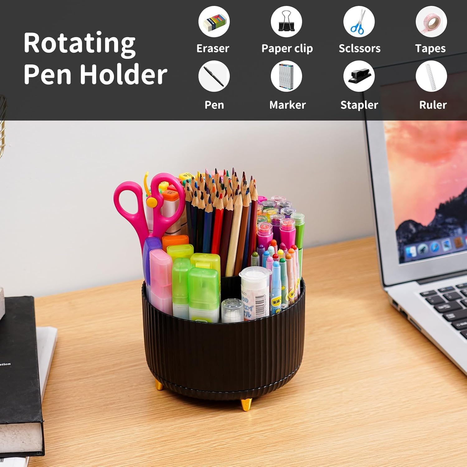 Pencil Pen Holder for Desk, 5 Slots 360Degree Rotating Pencil Pen Organizers for Desk, Desktop Storage Stationery Supplies Organizer, Cute Pencil Cup Pot for Office, School, Home, Art Supply (Black) - Image 3