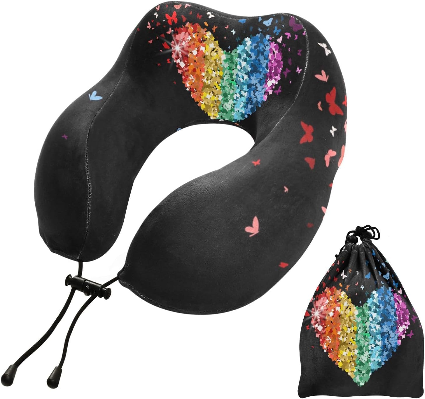 Travel Pillow for Neck Head, Heart Glitter Rainbow Sparkling Butterfly Sequin Memory Foam Padding Sleeping Airplane Trains Cars Camping Office Travel Pillow for Neck Head, Heart Glitter Rainbow Sparkling Butterfly Sequin Memory Foam Padding Sleeping Airplane Trains Cars Camping Office