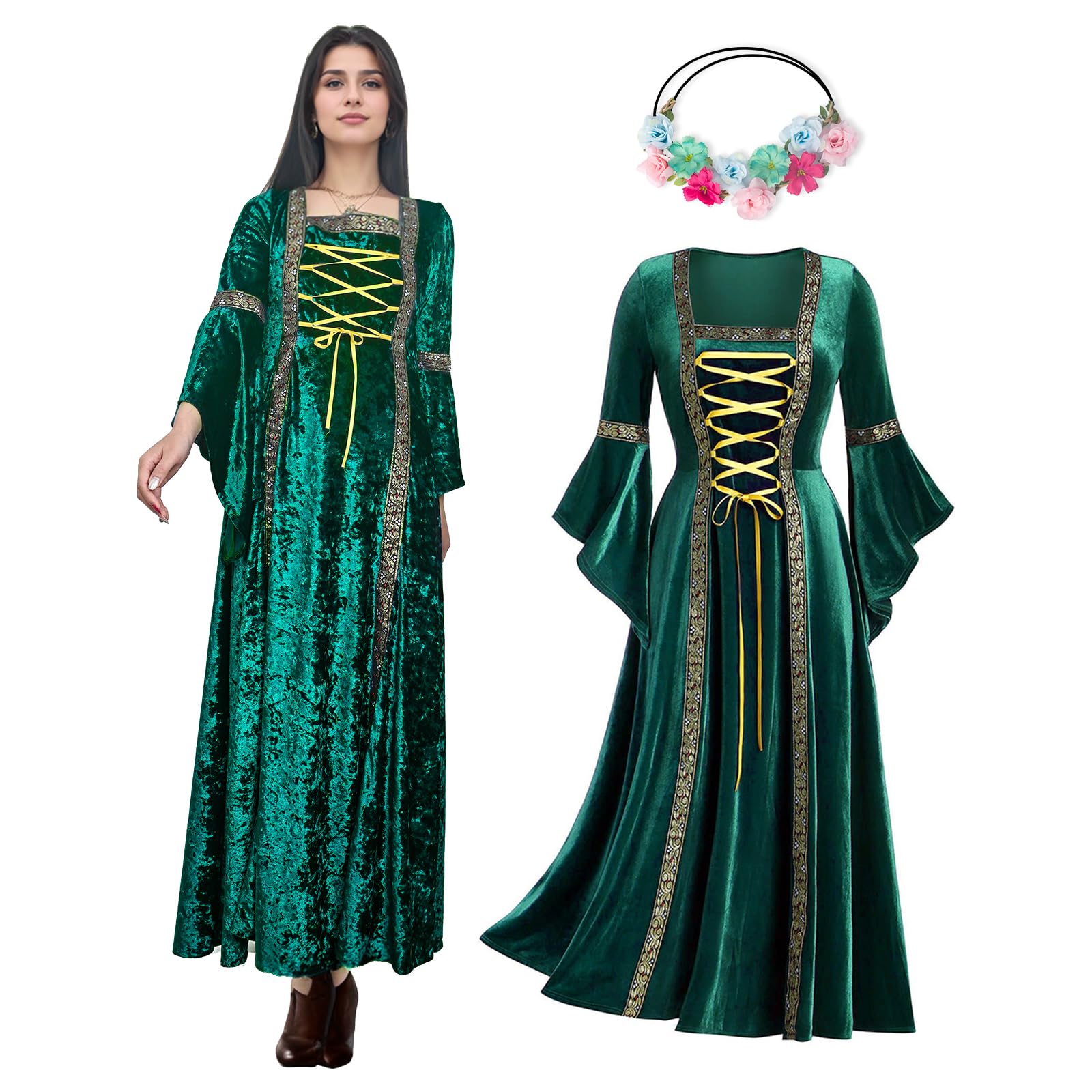 OPAEHJF Vestido medieval para mujer, estilo retro renacentista, vestido medieval de Halloween, vintage, gótico, festival gótico, disfraz con mangas de trompeta, cosplay, fiesta