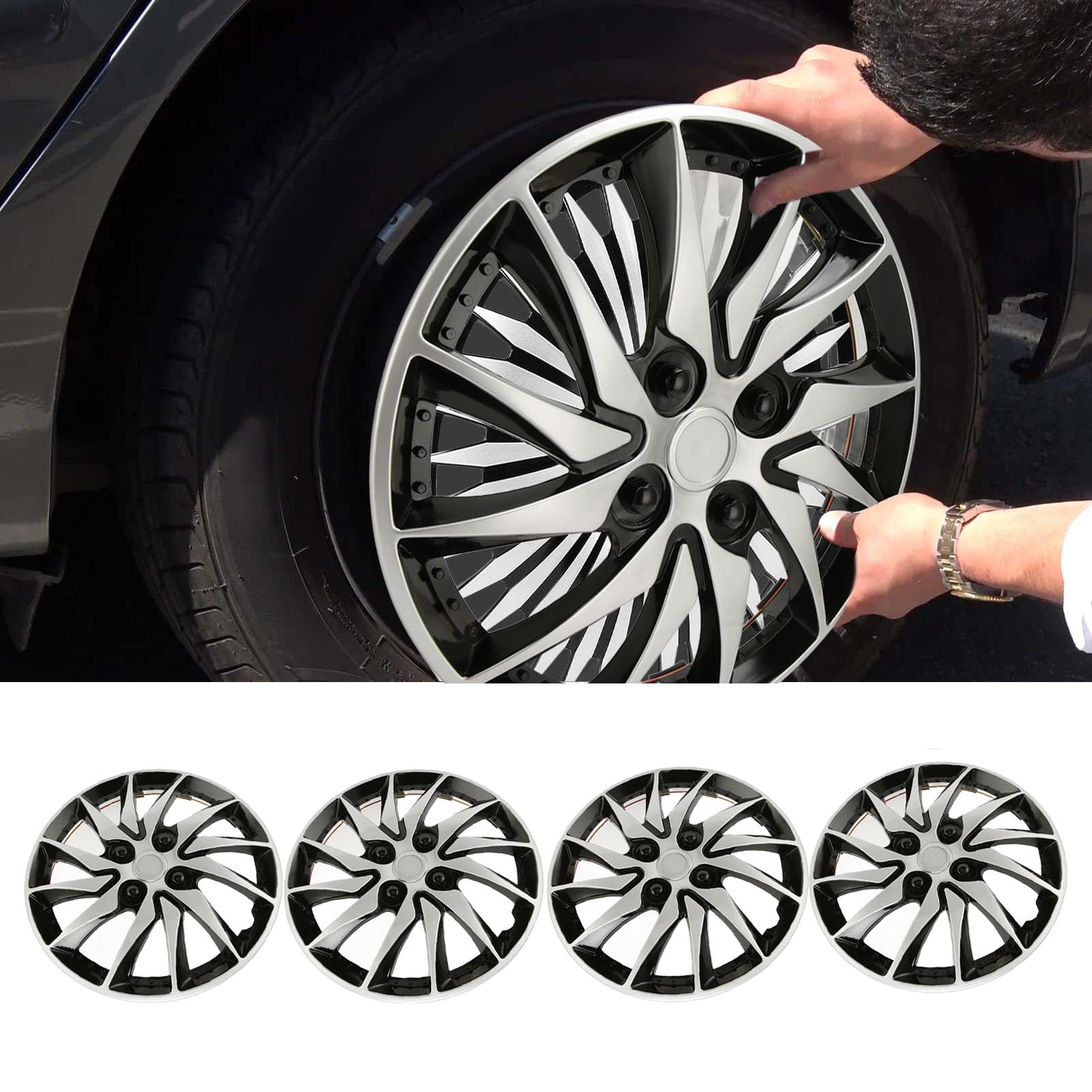 Enjoliveurs de Roue Robustes de 14 Pouces, pour Voitures, Camions, Fourgonnettes, Haute Protection, élégant, Argent, Noir, Jante