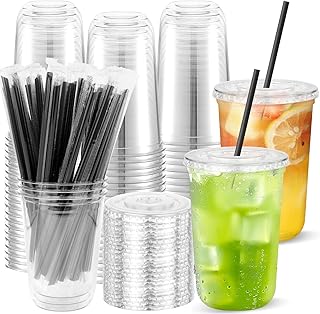 50PCS Round Bottom Clear Cups with Lids and Straws, Plastic To Go Coffee Smoothie Juice Cups, Disposable Cold Drink Milkshake Bubble Tea Party Cups for Catering, Weddings, Birthdays, Takeout (16oz)