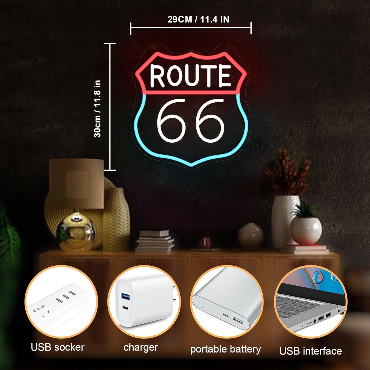 CoolGift Mart Route 66 Neon Sign, LED Light Room Decor USB Powered, for Bedroom Living Room Gaming Room Man Cave Home Party Birthday Gift for Family Friends Kids