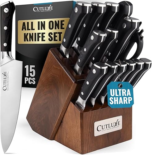Vista 8 de Cutluxe - Juego de 15 cuchillos – Bloque de madera de goma de caucho premium – Juego de cuchillos para cocina, acero inoxidable alemán de alto