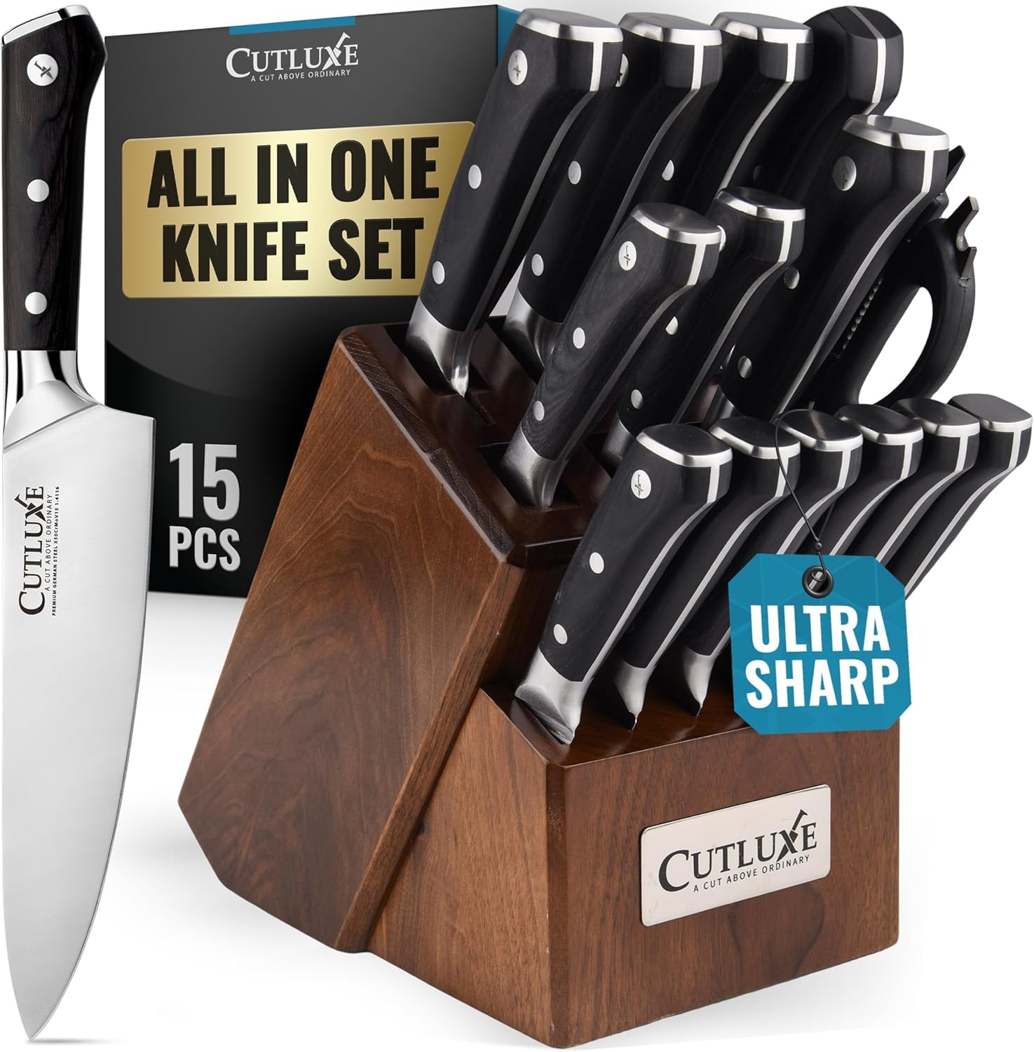 Cutluxe 15-Piece Knife Set High Carbon German Steel Blades Full Tang Design Ergonomic Pakkawood Handles in Walnut Wood
