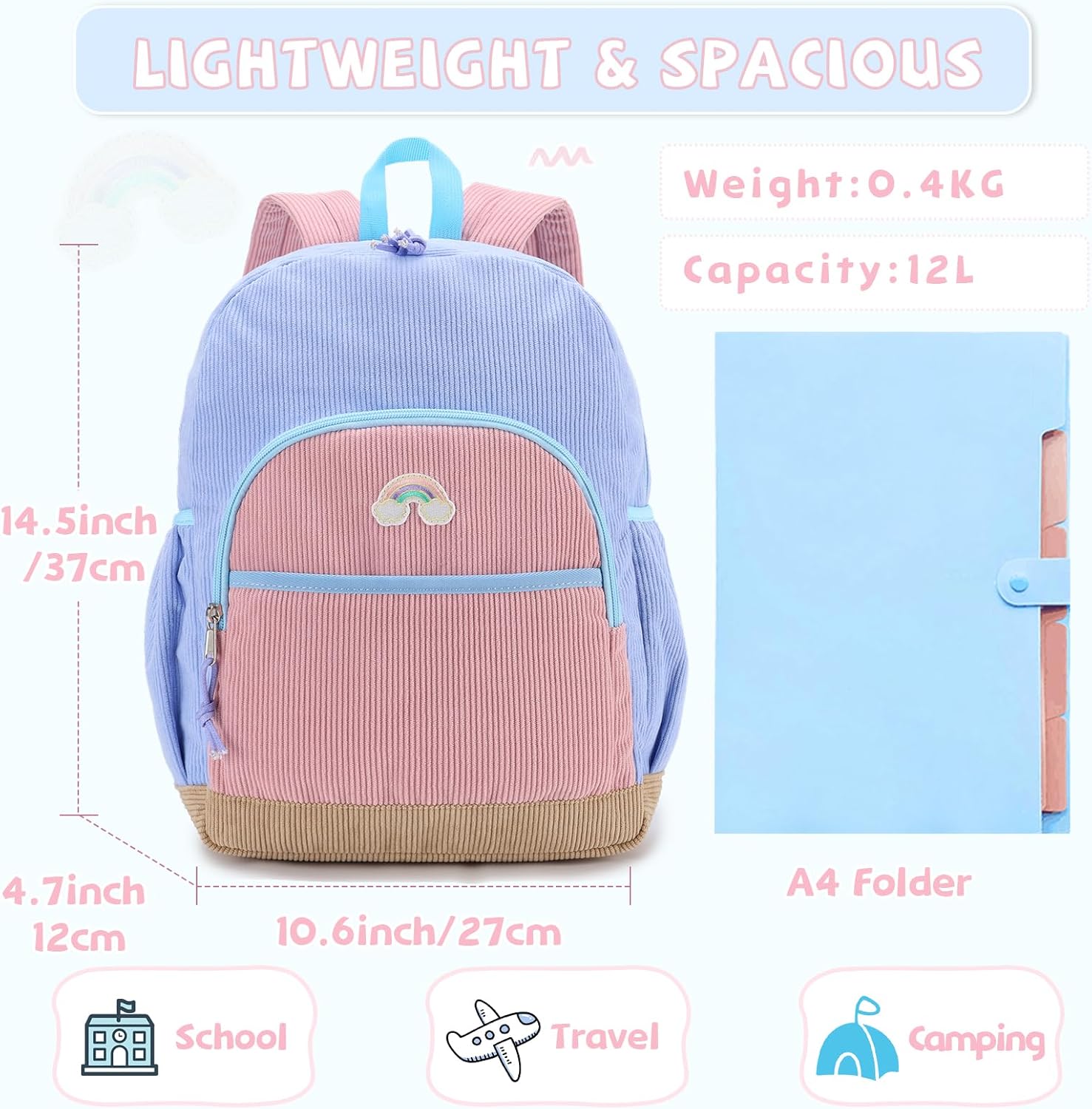 Kasqo Kids Corduroy Backpack, Lightweight Preschool & Primary School Bag for Boys & Girls 4-8 Years with Chest Buckle, 14.5" H, Fits A4 Folders Blue Pink - Image 2