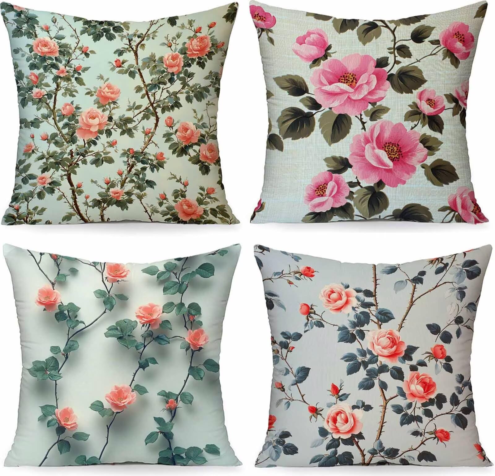 Coussin Canape Rose Housse Coussin 60 x 60 cm Lot de 4, Fleur Coussin Exterieur Impermeable Carrée Lin Taie Oreiller Motifs Impression Recto Verso Conception pour Décoration Maison Salon PjY8243 6-1