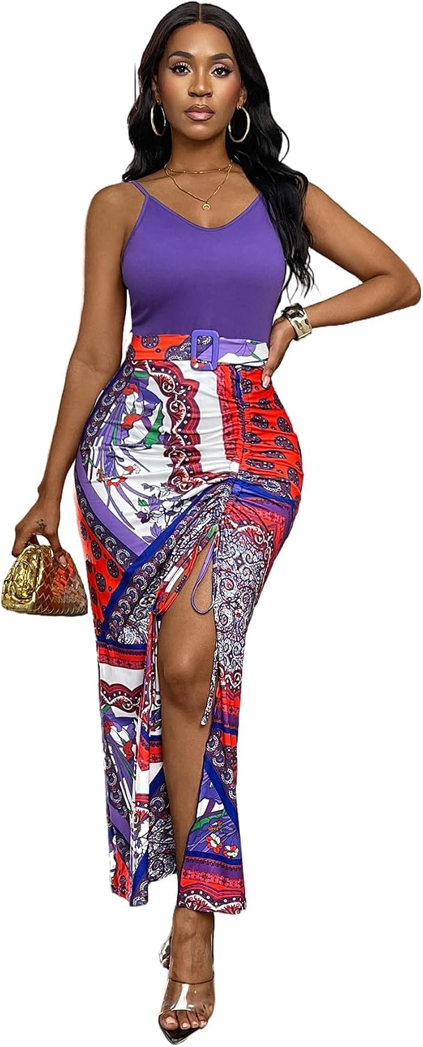 MSLG Womens Sexy Sleeveless Strap V Neck Cocktail Bodycon Lace Up Printed Party Clubwear Belted Dress S86