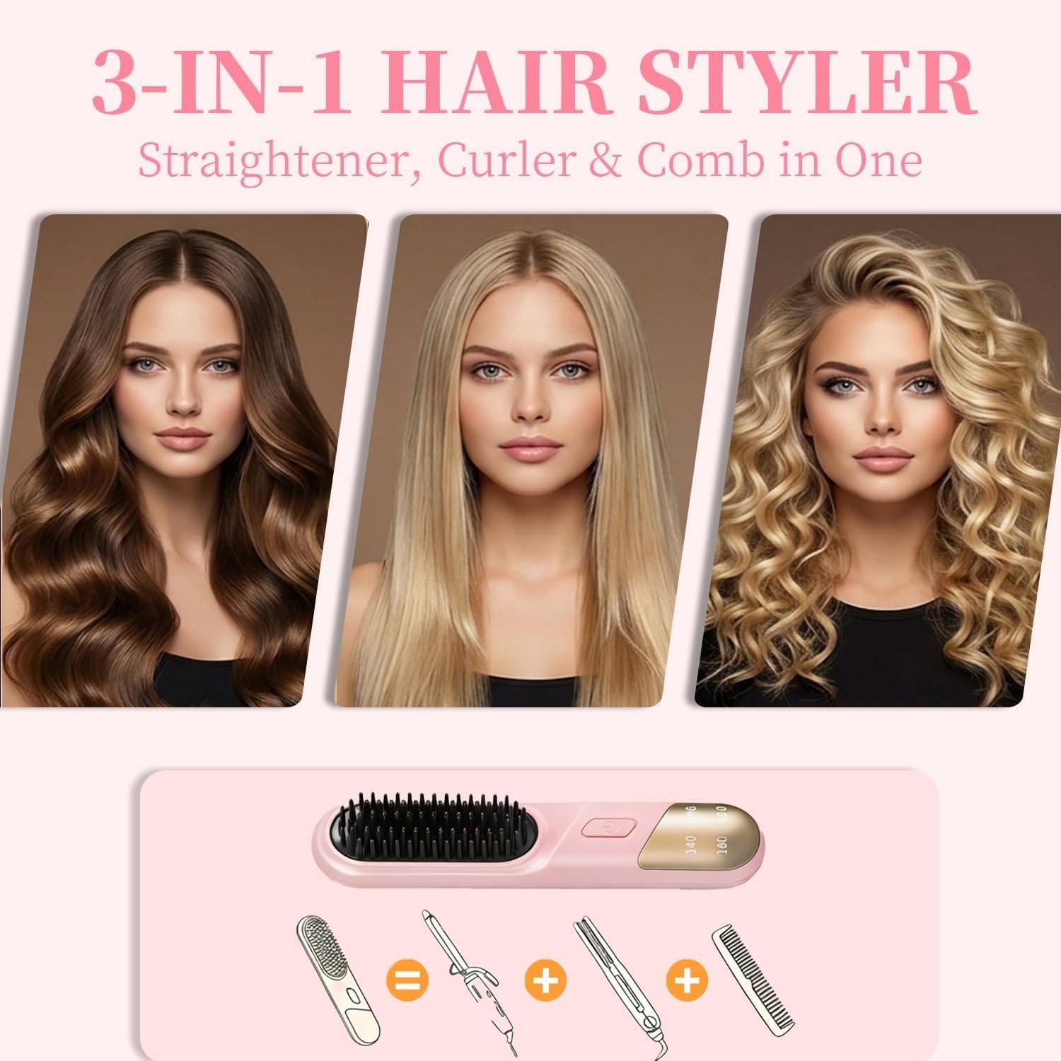 Go Brush Pro, 2026 Cordless Hair Straightener Brush 4 Adjustable Temperature 300 Million Negative Ions Portable USB Charging Travel Hair Straightener Suitable for All Hair Types (Pink)