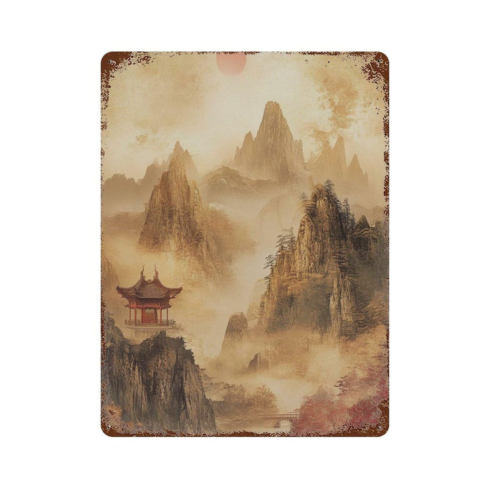 xiaoxiaoshen Oriental Mountain Landscape Golden Sunrise Japanese Tranquil Nature Wall Decor Art Metal Tin Poster Modern Home Decor Art Home Bar Shop Decorations Vintage Sign 40x30cm