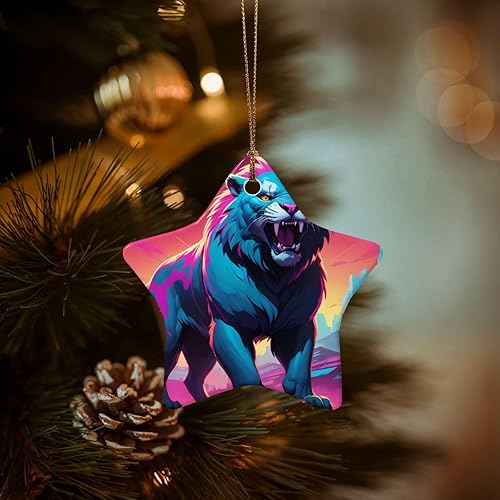 Miniatura 4 de Synthwave Sabertooth Printed Star Shape Ceramic Pendant, Perfect for Decorating Your Home Christmas Tree for Winter Parties