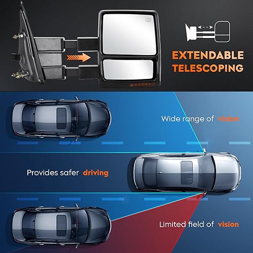 Miniatura 6 de Youxmoto Espejos de remolque para Ford F-150 2007 2008 2009 2010 2011 2012 2013 2014 Pickup Truck Remolque Espejos Manuales TelescopingPlegable,