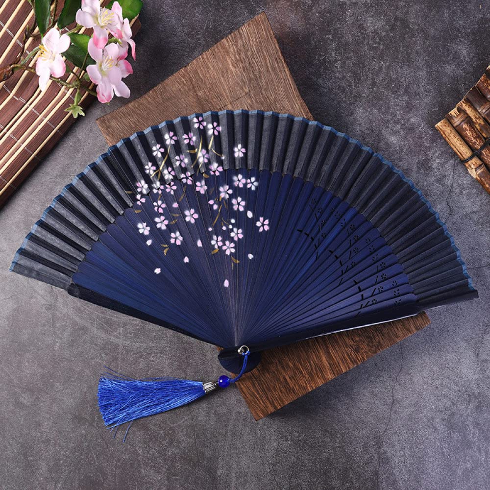 Handfächer faltbar, handgehaltene Fächer, ästhetische Kirschblüten, marineblauer Seidenfächer mit Quaste, chinesischer Fächer, dekorative Faltfächer für Zuhause, für Tanz, Party, Hochzeit, Heimdeko