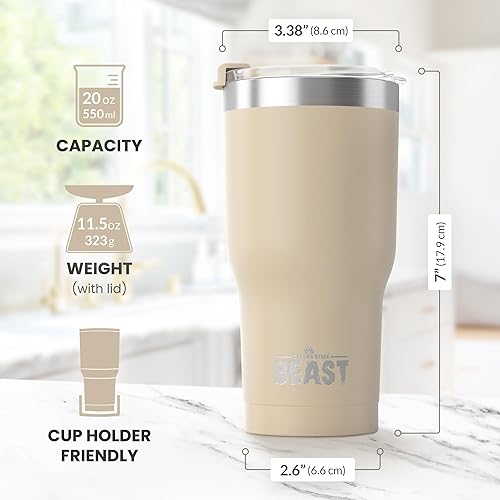 Miniatura 7 de Vaso de acero inoxidable BEAST con aislamiento al vacío de doble pared, para café o bebida fría, termo de viaje, 20 onzas (arena)