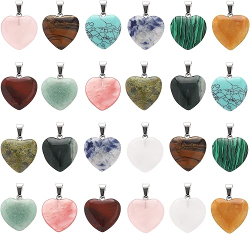 Lezam 24 dijes de cristal curativo en forma de corazón y luna en forma de cruz para hacer joyas, piedras de cuarzo natural, cuentas de amor de