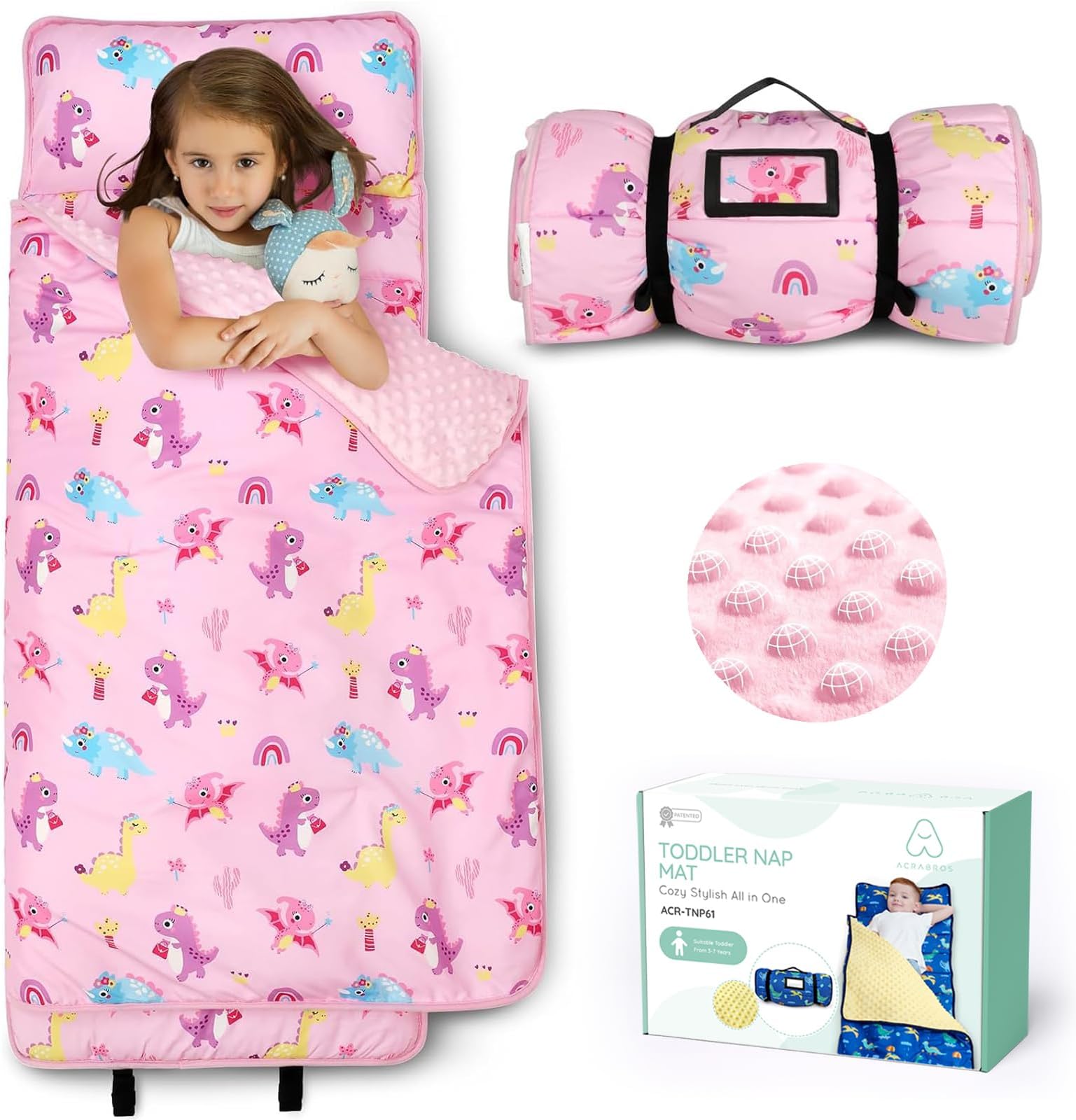 ACRABROS Toddler Nap Mat with Pillow and Blanket, Extra Large Rolled Napping Mats,Slumber Bags for Boys Girls,Kids Sleeping Bag for Daycare, Preschool Travel Camping, Colorful Dinosaur