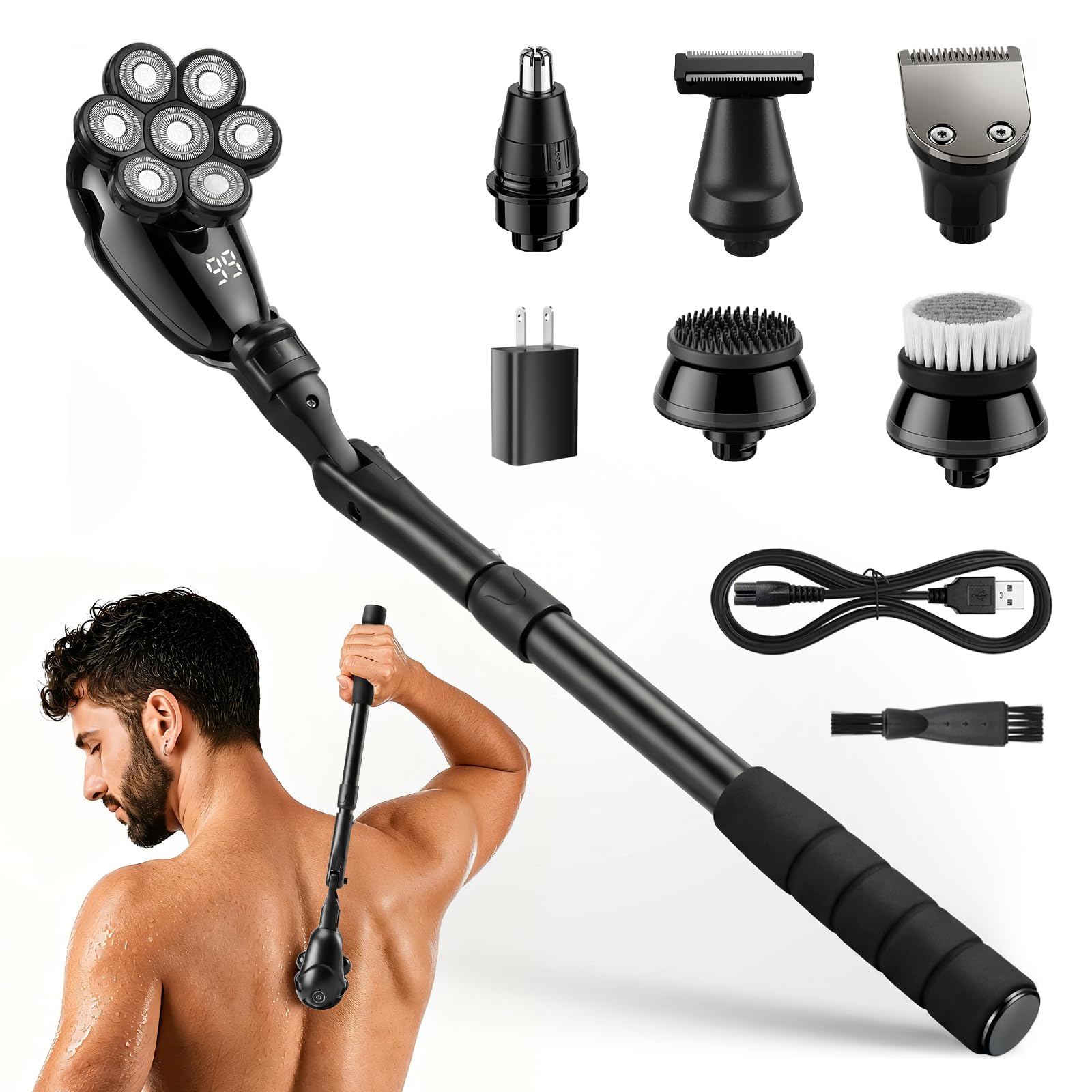 ZOMU 6 in 1 Electric Back Shaver for Men with 7D Floating Head Black