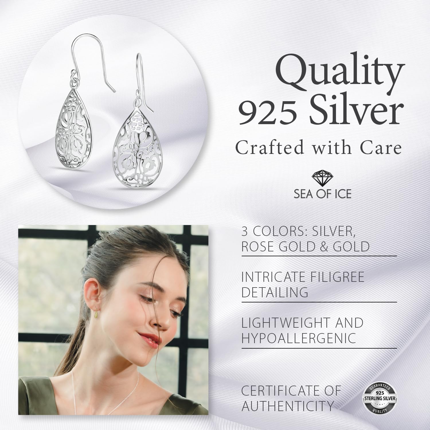 Sterling Silver Tear Drop Dangle Filigree Earrings for Women – boho and Chic Pear Shape Hook Earrings with Thin and Lightweight Hook - Image 5