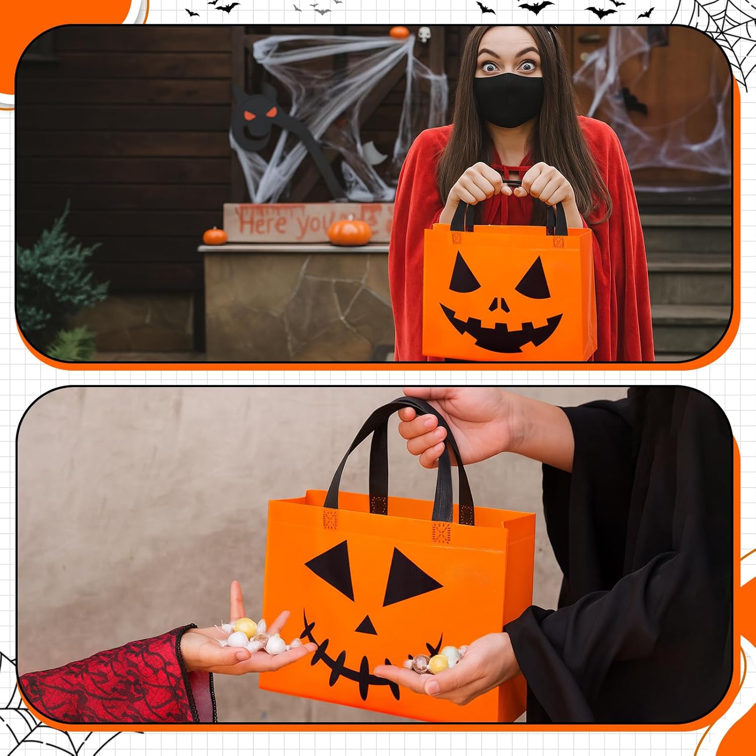 Lincia 48 Pcs Halloween Non Woven Pumpkin Bag 12.6 x 9.8 Inch Reusable Trick or Treat Gift Candy Goodie Handles Bag for Halloween Birthday Party Favors Classroom