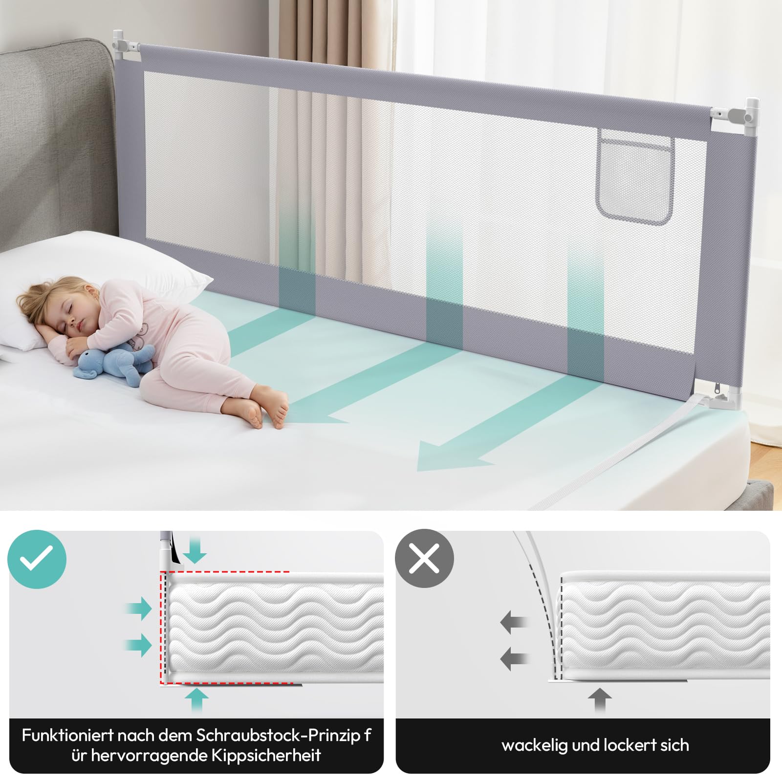 Bettgitter Rausfallschutz Bett 180cm - Rausfallschutz Boxspringbett Höhenverstellbar in 30 Stufen - Bettschutzgitter inkl 2 gratis Befestigungsbänder(1 Stück)