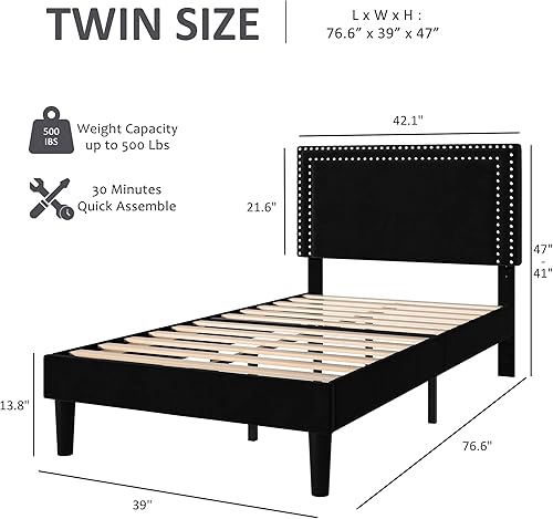 Miniatura 238 de VECELO Base de cama de tamaño matrimonial con cabecera tapizada ajustable, plataforma de listones de madera, diseño sin ruido, fácil montaje Negro