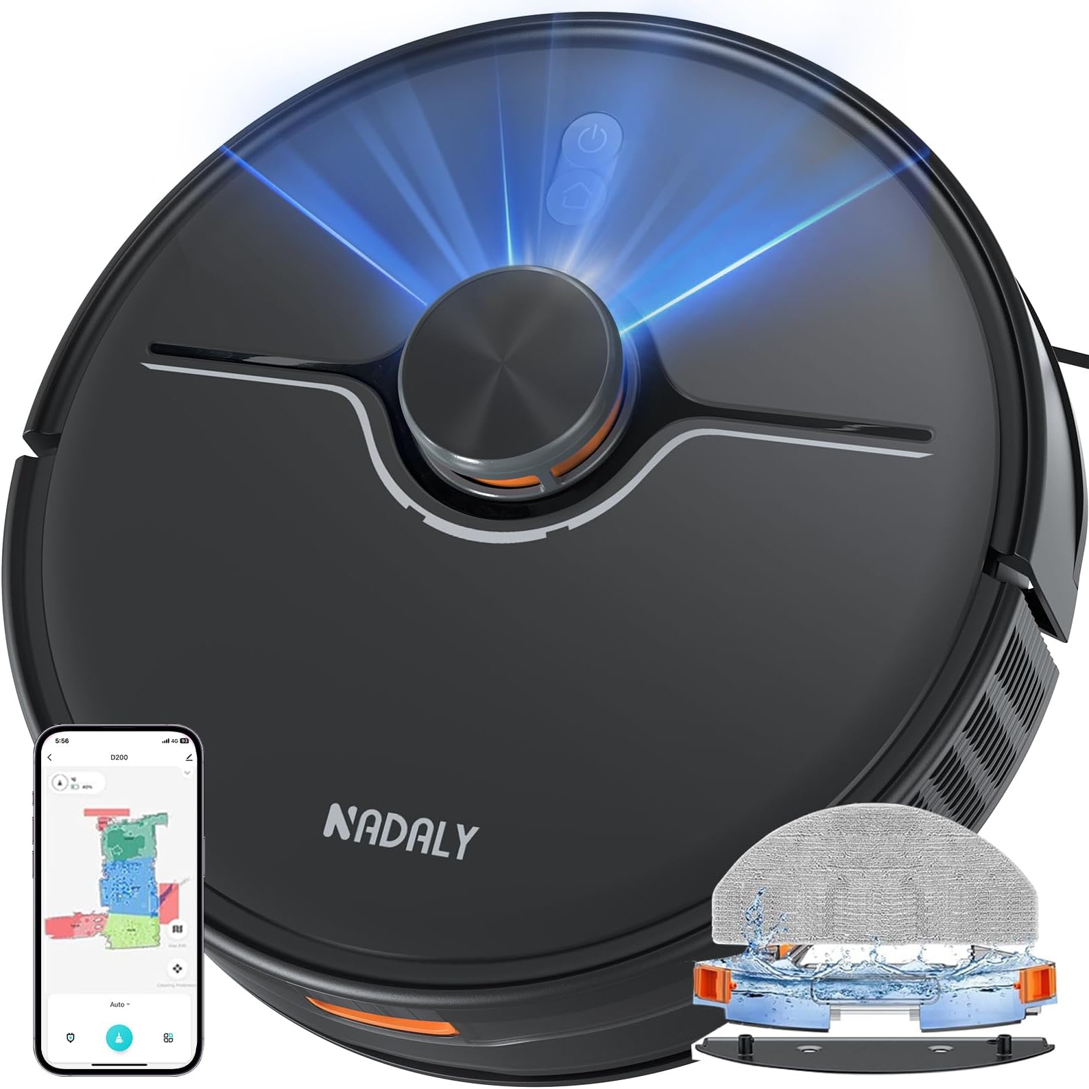 NADALYD200 Robot Vacuum and Mop Combo, Lidar Navigation Robot Vacuum Cleaner, 6000Pa Suction, 200Mins Runtime, Wi-Fi/App/Alexa Control, Self-Recharging Robotic Vacuum for Carpet Pet Hair Hard Floor