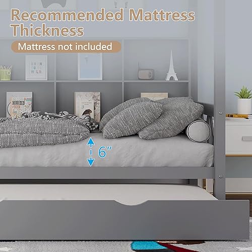 Miniatura 6 de Cama individual con cama nido y techo para niños, marco de cama de madera tamaño individual con estantes de almacenamiento, barandillas de madera,