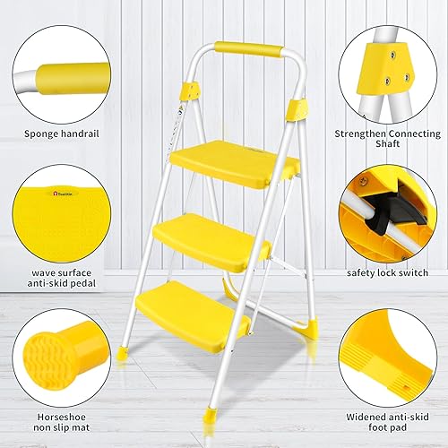 Miniatura 5 de Escalera de 3 escalones, taburete plegable con pedal antideslizante ancho, escalera de acero resistente de 500 libras, mango práctico, ligero,