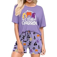 Ithalt Halloween Pajamas Women Pumpkin Short Sleeve Tops and Shorts Pjs Set Fall Sleepwear Spooky Pajamas