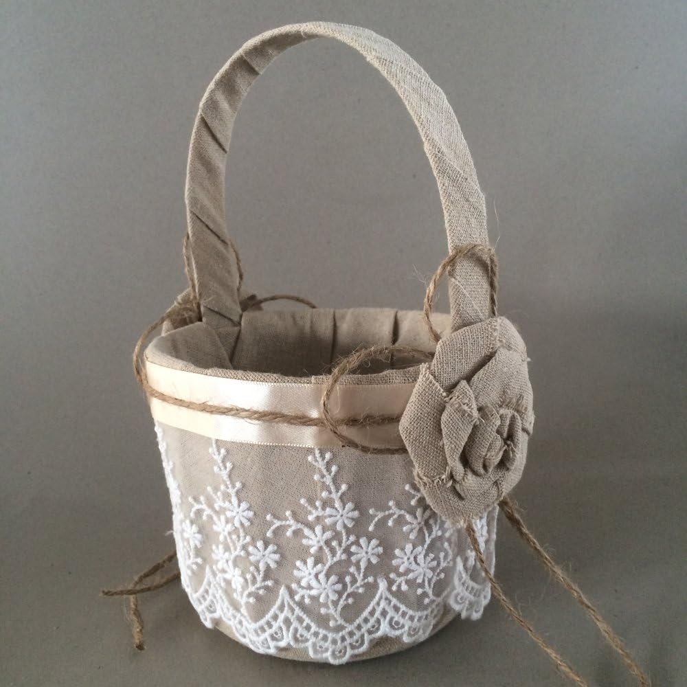 KateMelon Burlap Lace Ring Bearer Pillow and Rustic Wedding Flower Girl Basket Set