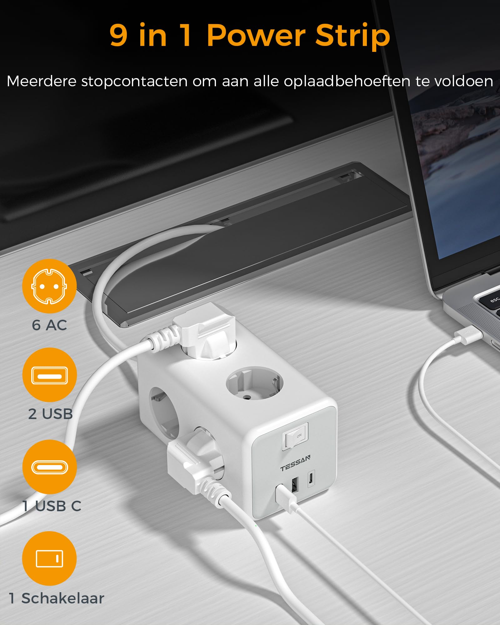 TESSAN stekkerdoos met 12 stopcontacten en USB-C, stekkerdoos met 4