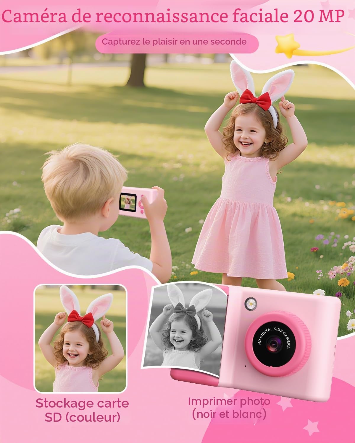 Appareil Photo Instantané Enfant, 1080P Appareil Photo Numérique Enfant, Caméra Vidéo avec Écran 2,4 Pouces, LED Flash, Carte TF 32 Go, Papier d'impression, Cadeau pour Filles Garçons 3-12 Ans, Rose
