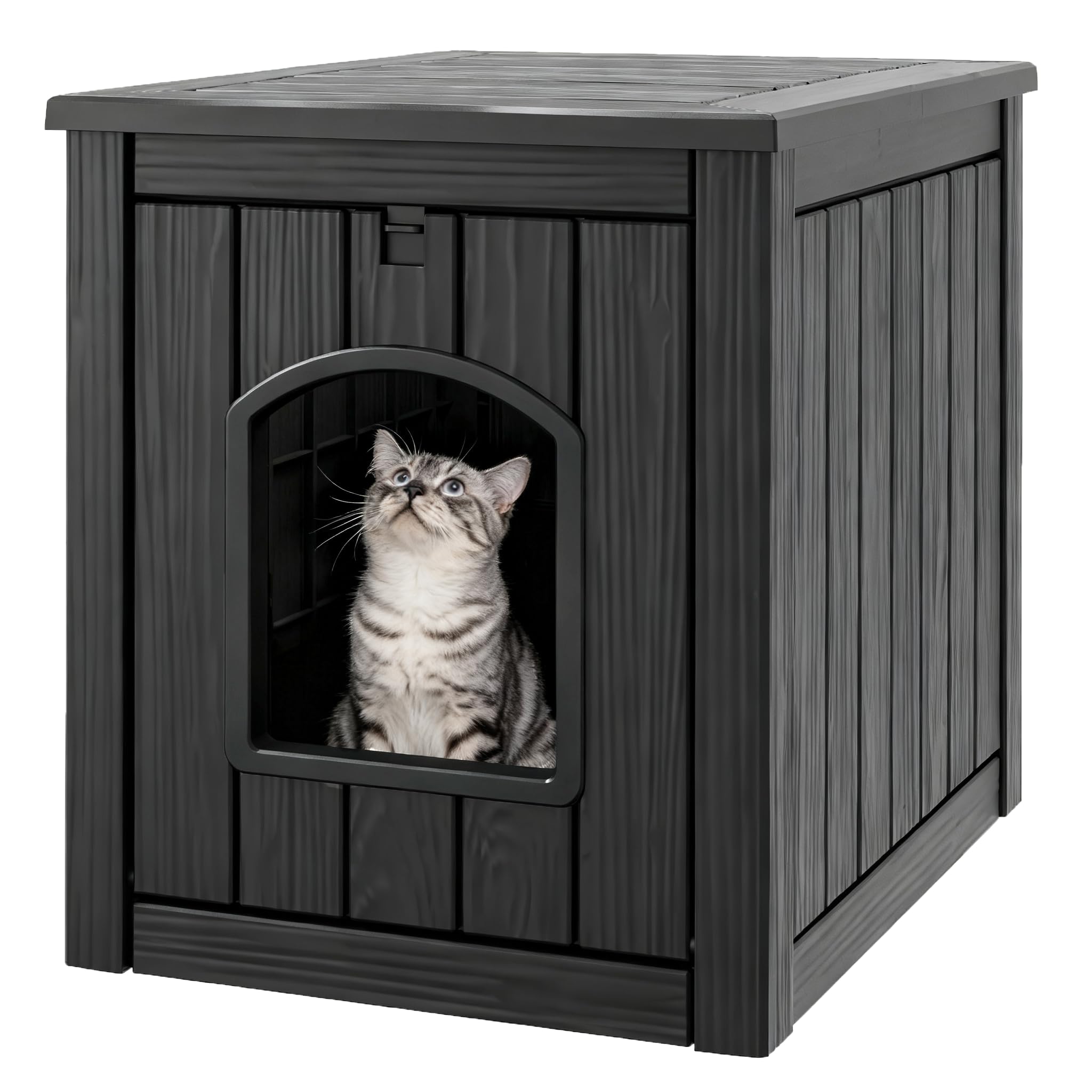 Cat Litter Box Enclosure, Plastic Hidden Litter Box Side Table with Openable Front Door, Waterproof & Weatherproof Cat Box Enclosure Cabinet for Indoor & Outdoor Use (Black)