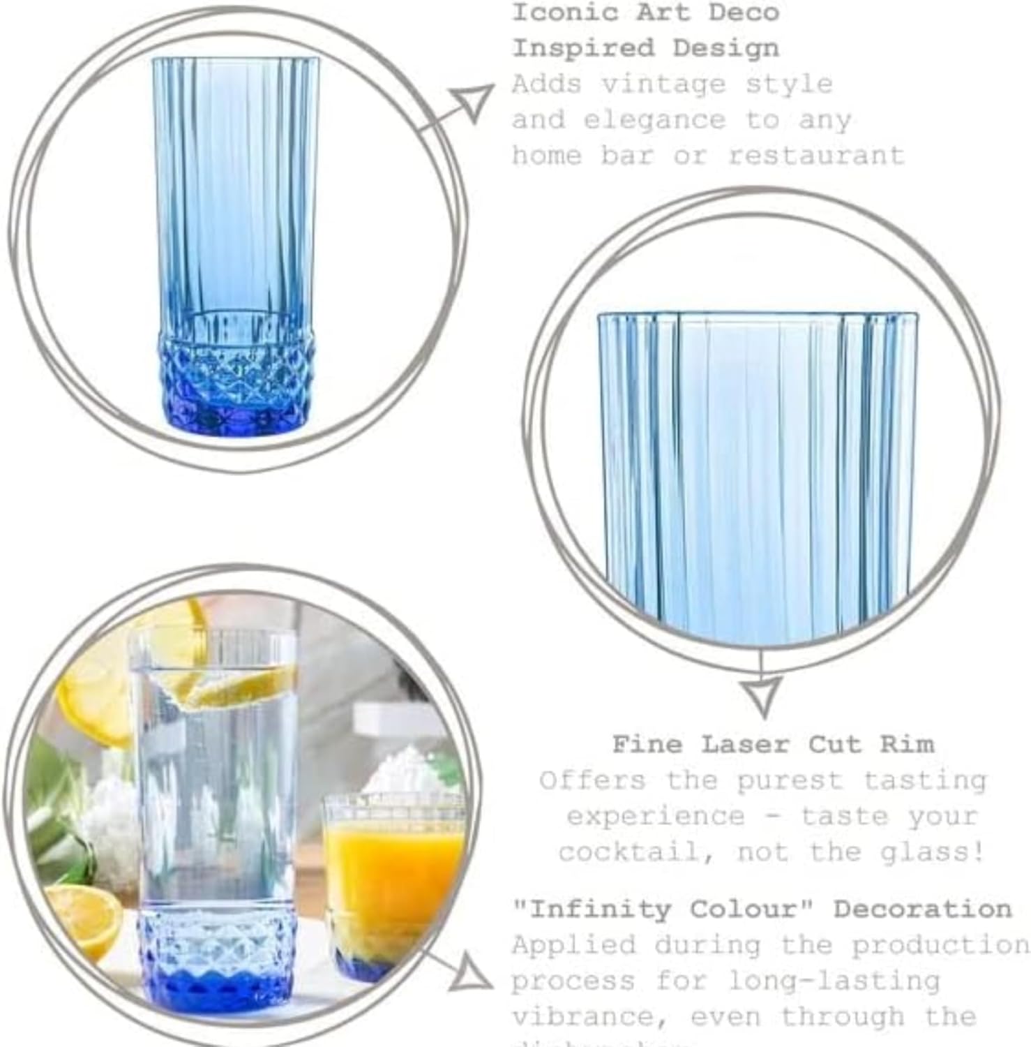 Bormioli Rocco America '20s Set Of 6 Cooler Glasses, 16.5 Oz. Colored Crystal Glass, Sapphire Blue, Made in Italy.