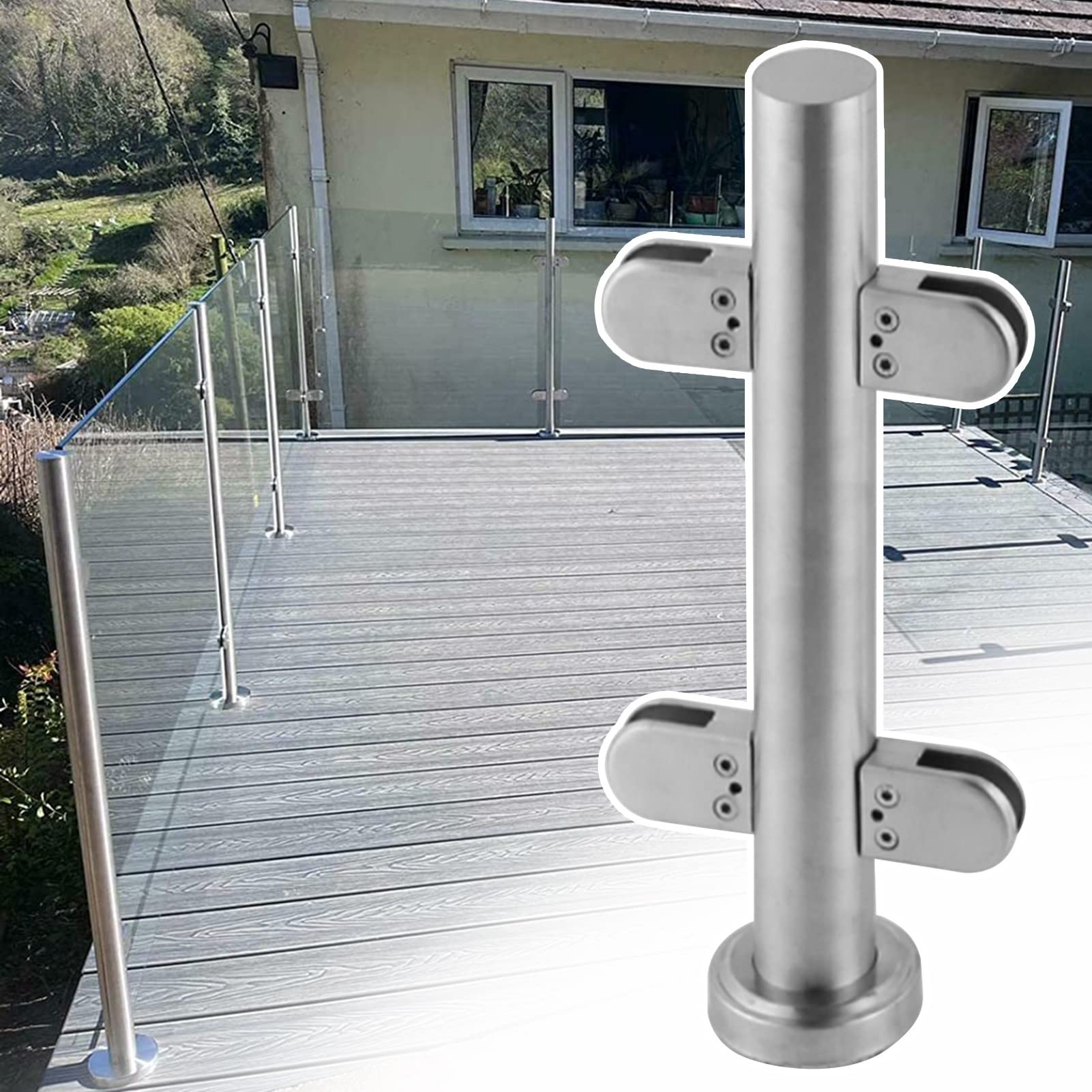GHHVFEC Glass Railing Post For Deck - Round Balustrade Clamp. Windproof Guardrail System For Platform Partition. Floor Mount Decking Accessory.,Mid Post-95cm/37.4