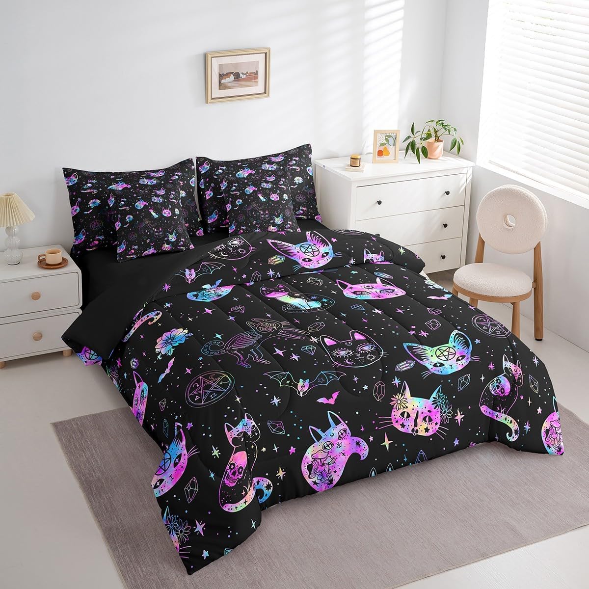 Castle Fairy Ombre Cat Skull Comforter Set Full Size,Black Galaxy Starry Bed Set 7pcs with Comforter,Fitted Sheet,Flat Sheet,2 Pillowcases,2 Throw Pillow Covers,Gothic Constellation Bedding Set