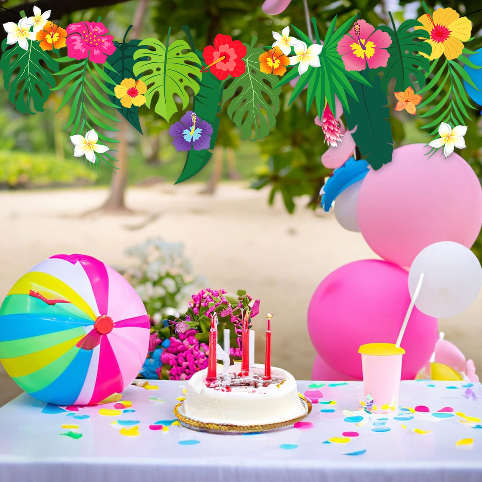 JarThenaAMCS Tropische Blumengirlande Luau Hibiskus Palmblätter Papier Banner Hawaii Aloha Party Girlande für Luna Geburtstag Sommer Strand Pool Party Dekor