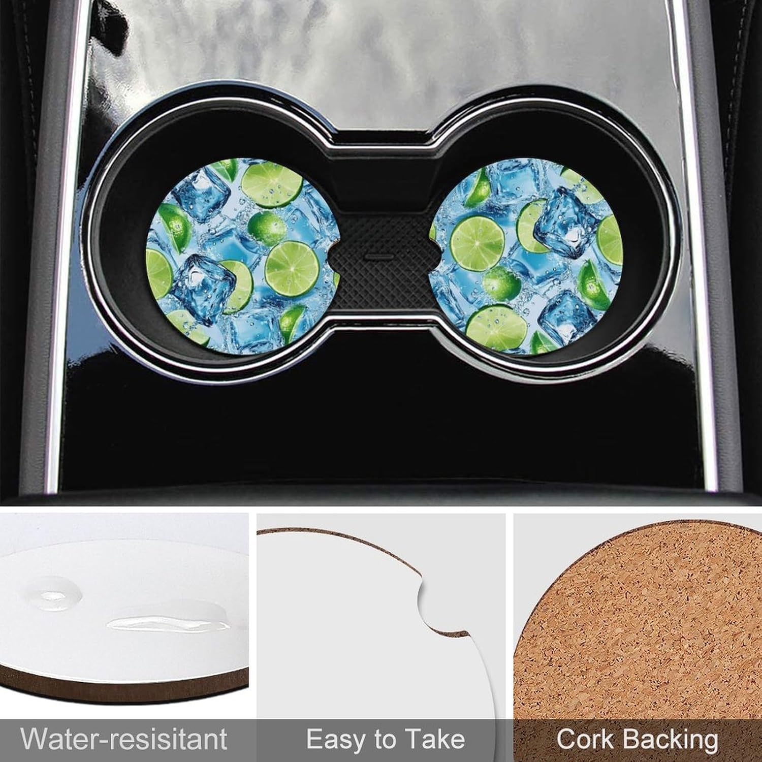 (Ice-Cubes) and Lime Slices Cute Car Coasters 2.56 Inch Absorbent Cup Holder for Drinks Auto Interior Accessories