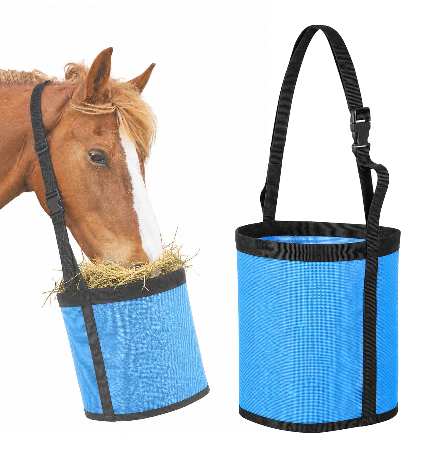 Filet à foin bleu pour cheval et chèvre avec tour de cou réglable