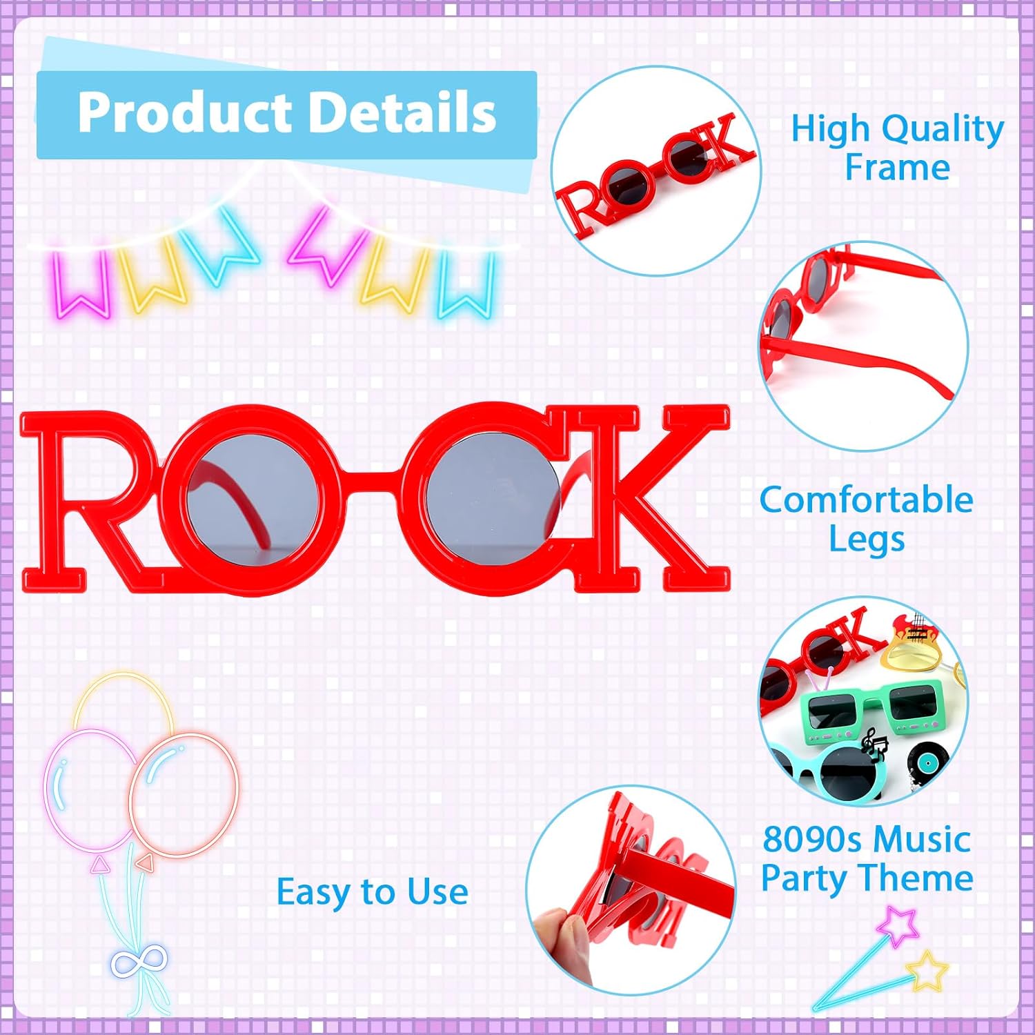 9 Pack Rock Music Funny Sunglasses Decor 80s 90s Retro Music Party Supplies Radio Star Retro Rock Glasses Photo Props Radio Star Party Novelty Glasses for Kids Adults Photo Props Hip Hop Theme Favors - Image 3