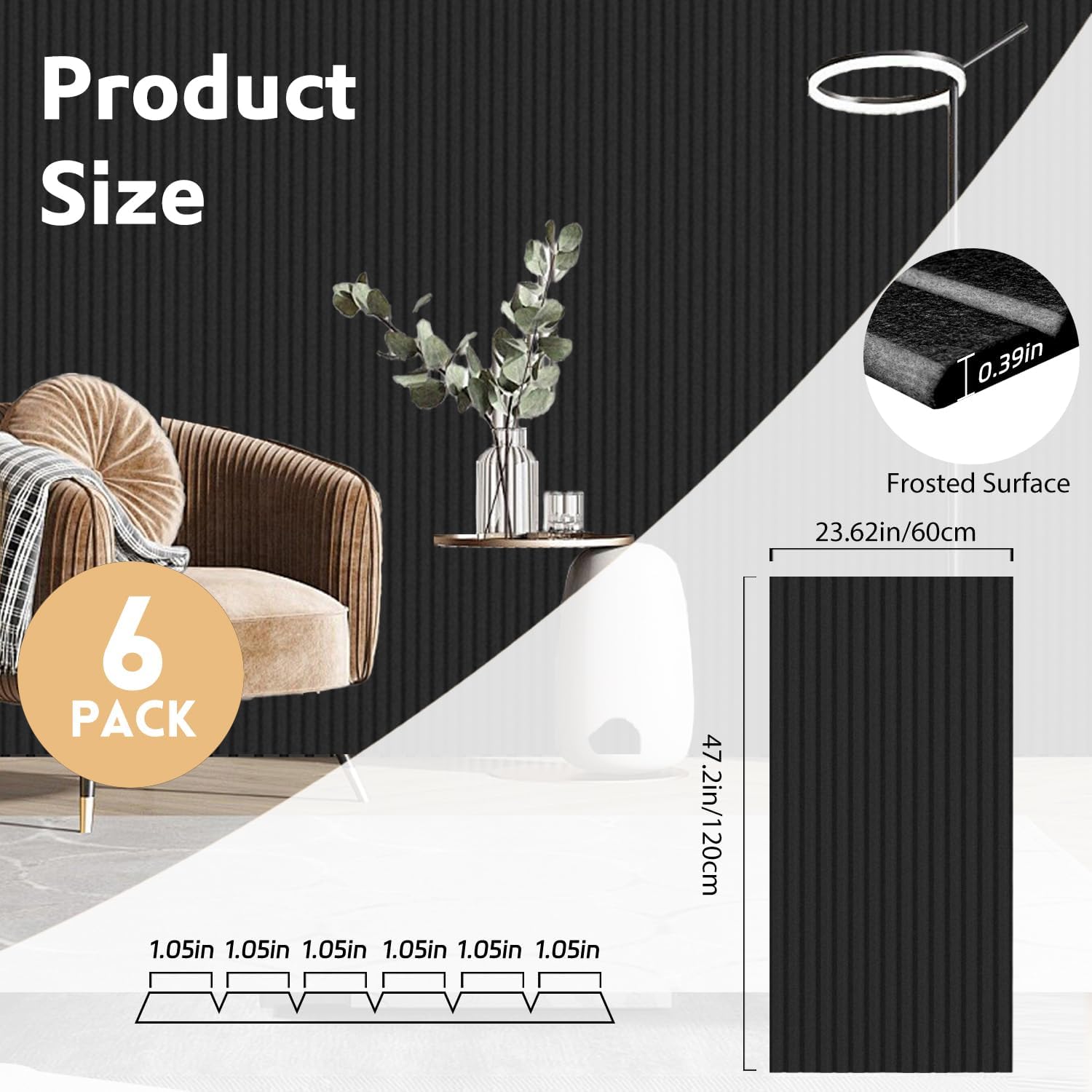 6 pack acoustic wall panels, 47.2x23.6x0.4 inch decorative self-adhesive soundproof panels, sound dampening panels for home studio office, white(black,6) 6 black