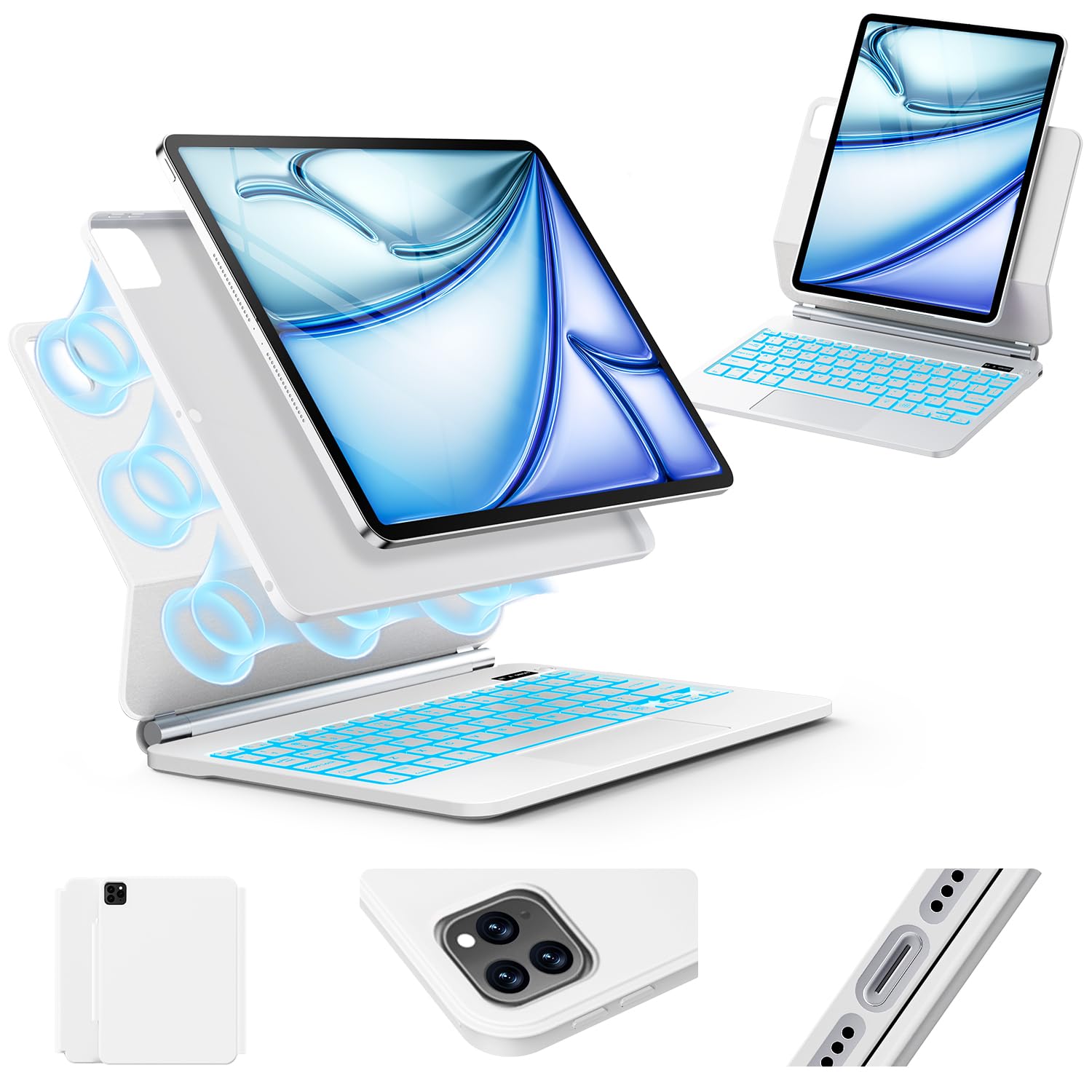 Keyboard Case for iPad Air 13 inch (M3 2025/M2, 2024),iPad Pro 12.9 inch (3/4/5/6th Gen)，Easy-Set Magnetic Stand– 7-Color Backlit (White)