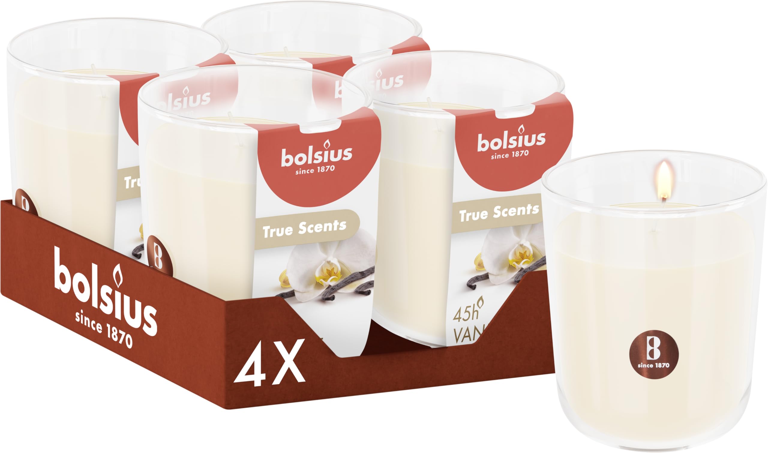 Bolsius - Vanilla - Ivory - Set of 4 Scented Candles - 3.8″ × 3.3″ - Burn time: 45 Hours - with Natural extracts - Natural Vegetable Wax - Palm Oil Free