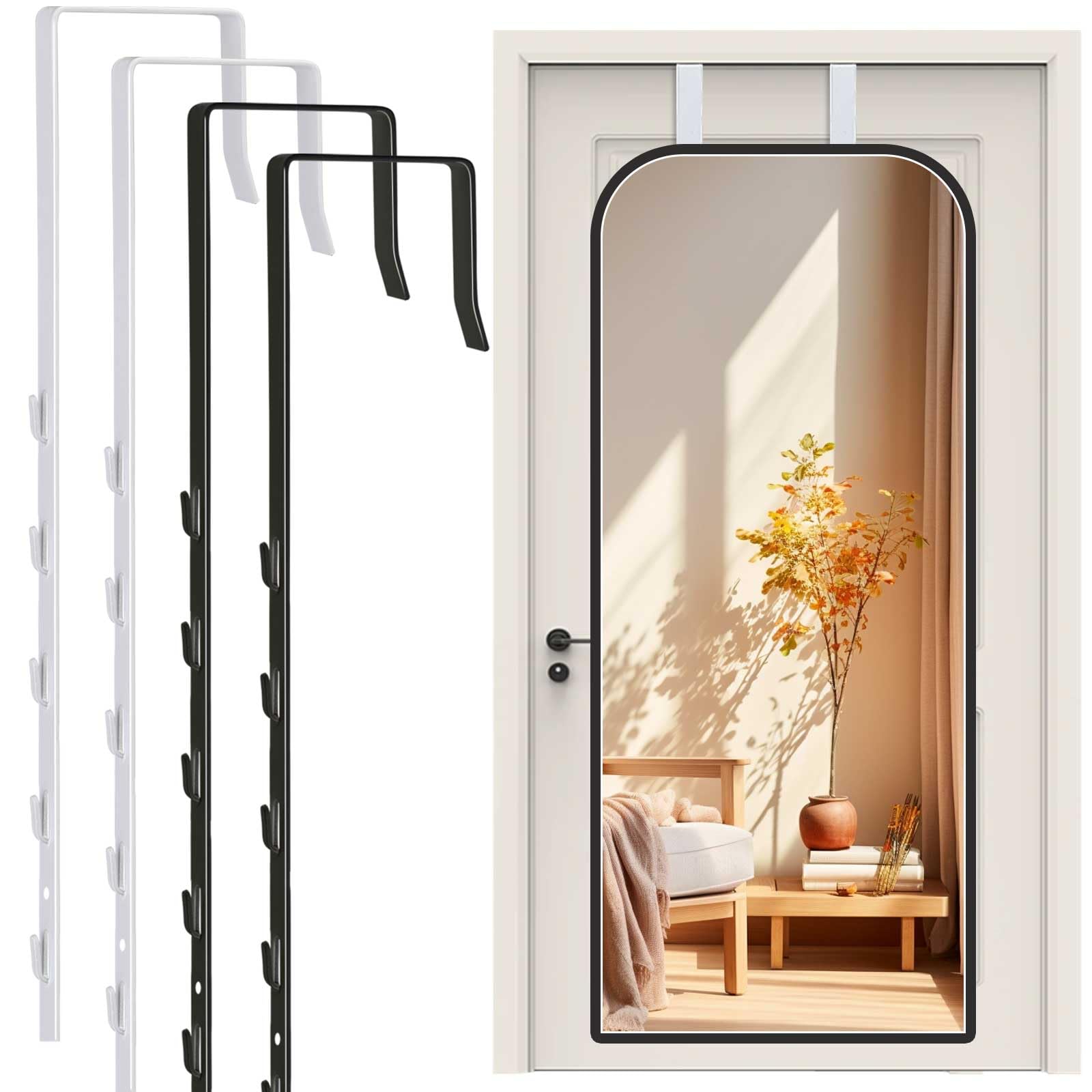 FWUNYVN 2 Pairs Over-The-Door Mirror Hanger,Adjustable Door Mirror Hanger Set with Protective Lining,4 Mirror Brackets Set,1.9'' Door Depth(Mirror Not Included)-Black&White