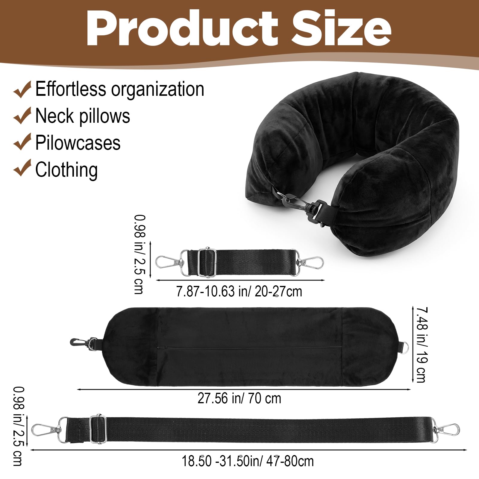 Poduszka pod kark, wypełniona, 70 x 19 cm, przenośna poduszka podróżna do wypełniania ubraniem, podróżna, poduszka pod kark, do samolotu i samochodu, zrównoważony dodatek podróżny, kolor czarny