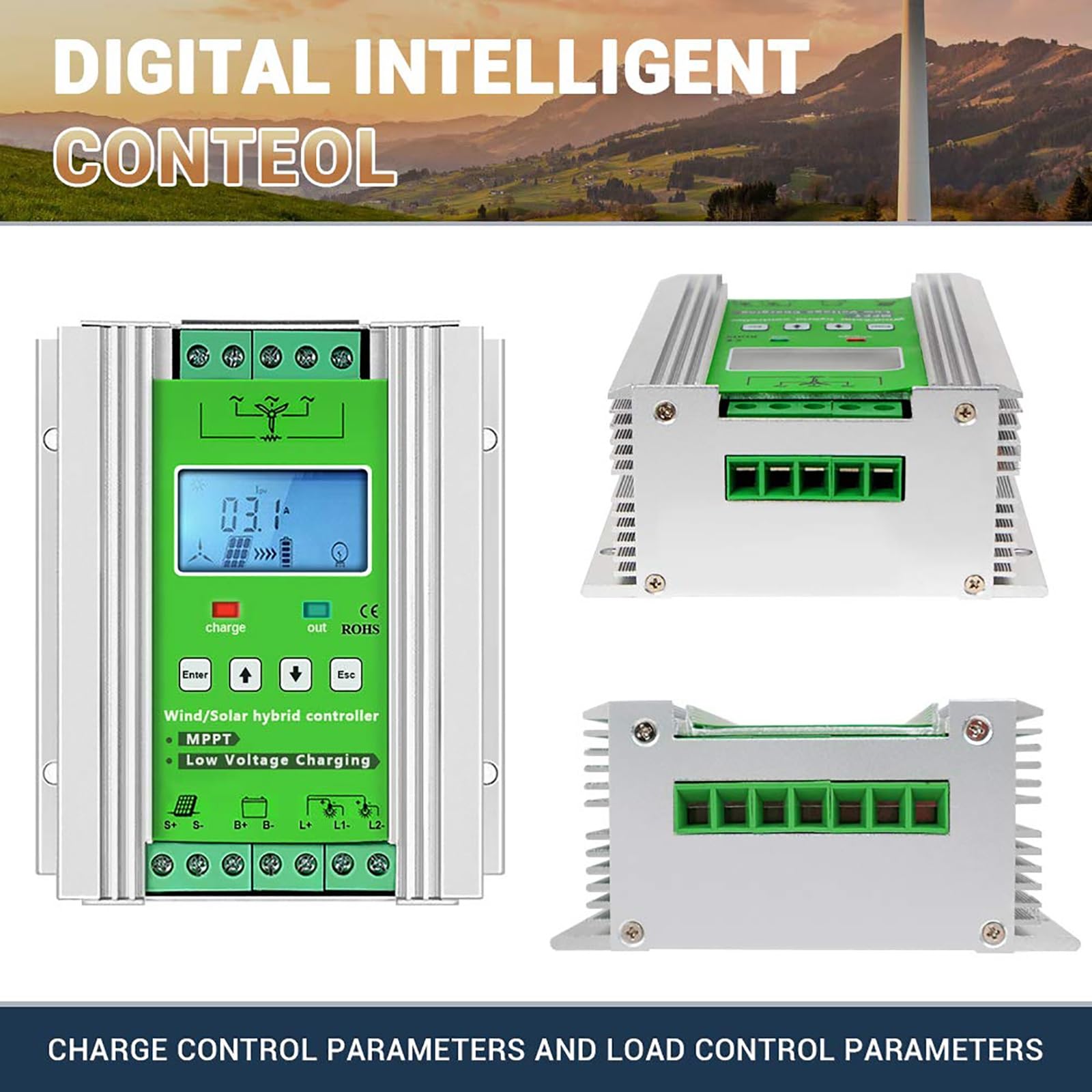 Hybrydowy regulator ładowania wiatrowego z obciążeniem zrzutowym do turbiny wiatrowej panel słoneczny 12 V 24 V 48 V akumulator automatyczny regulator ładowania MPPT (wiatr: 800 W + słoneczny: 600 W