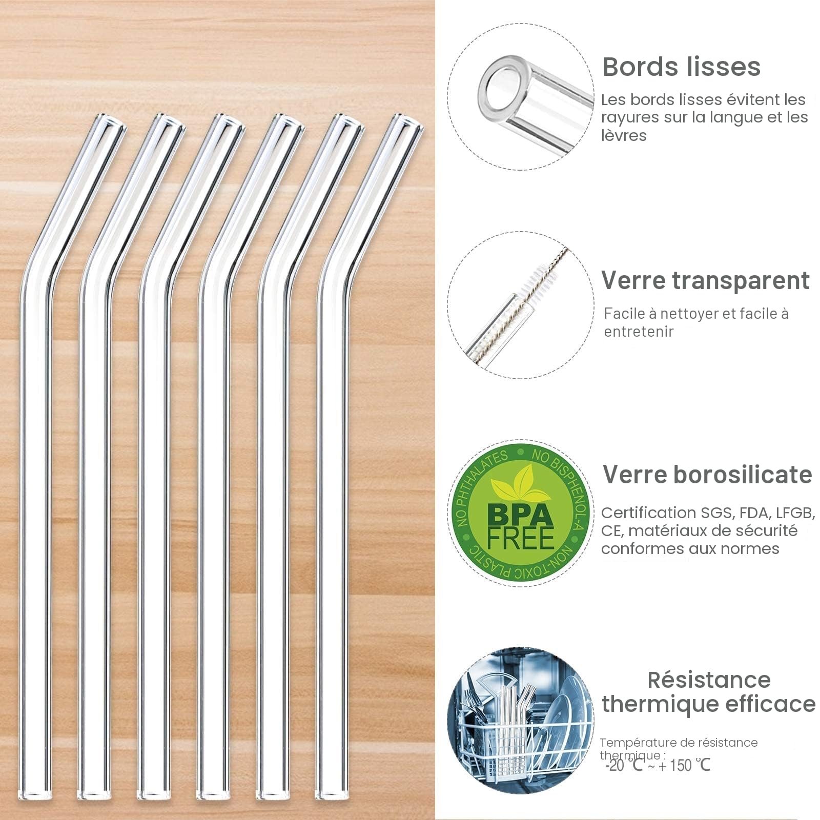 Pailles en Verre Réutilisables 20cm Transparente Courbée avec Brosses de Nettoyage
