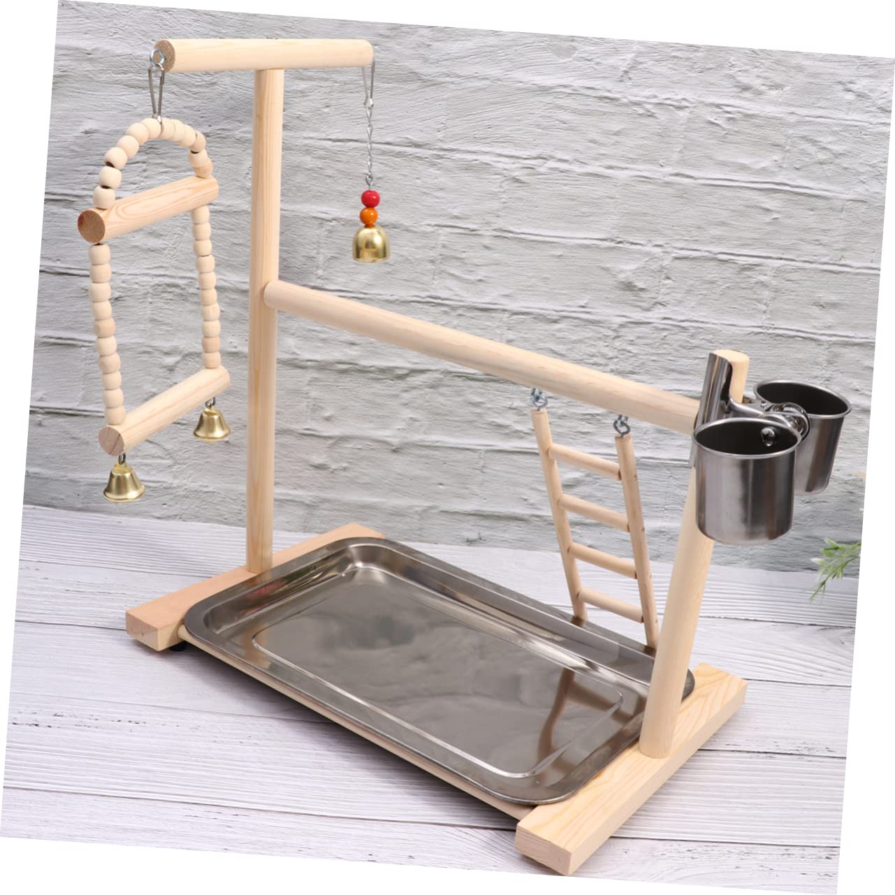 DOITOOL Puesto de Loros Madera Parque Infantil Columpio Escalera Juguete Colgante Acero Inoxidable Cuenco Bird Toys Columpio para Pájaros Colgante de Madera para Loros Juguetes para Pájaro